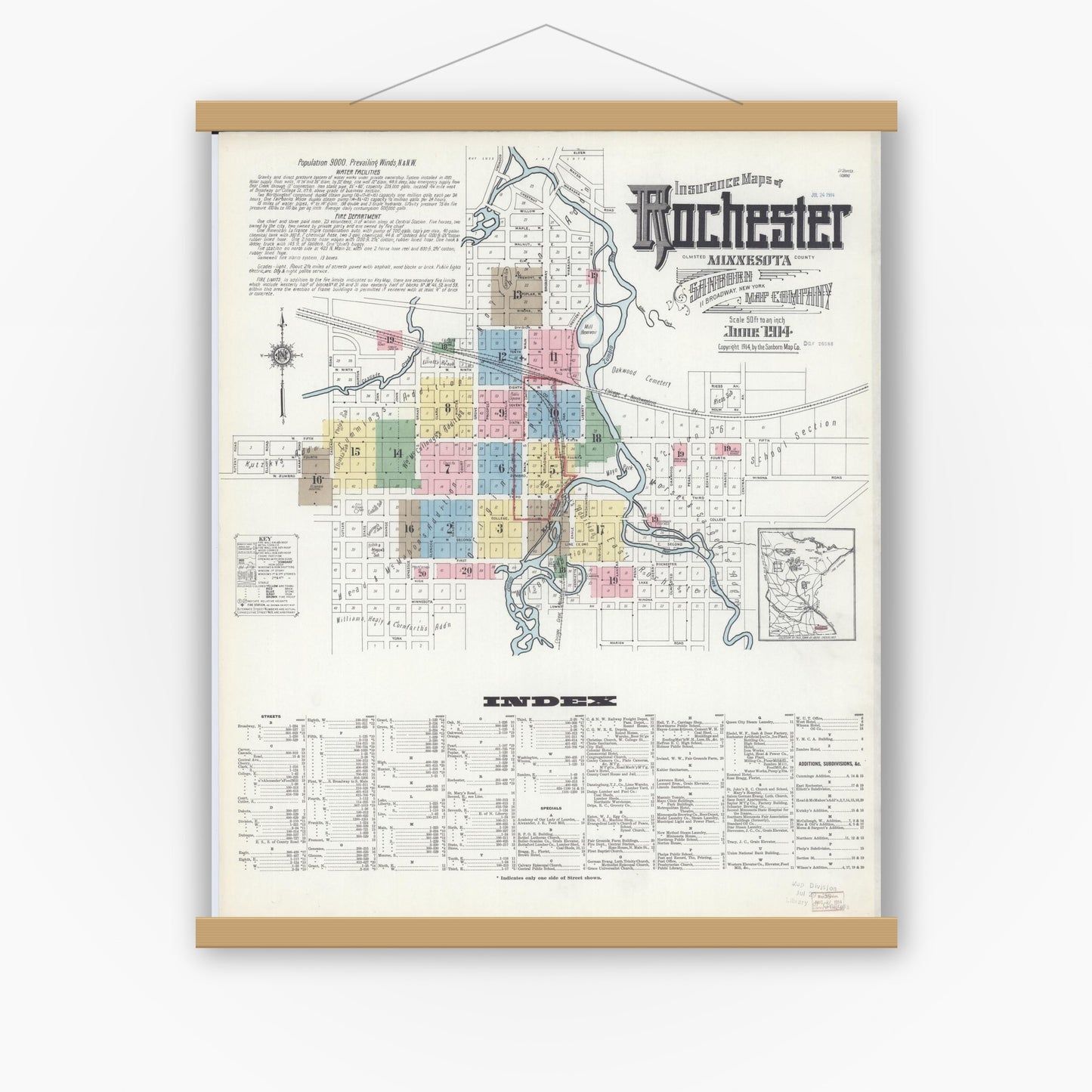 Old map wall art mockup — magnetic wood frame on white wall — Sanborn Fire Insurance Map from Rochester, Olmsted County, Minnesota (1914), Sheet #0001