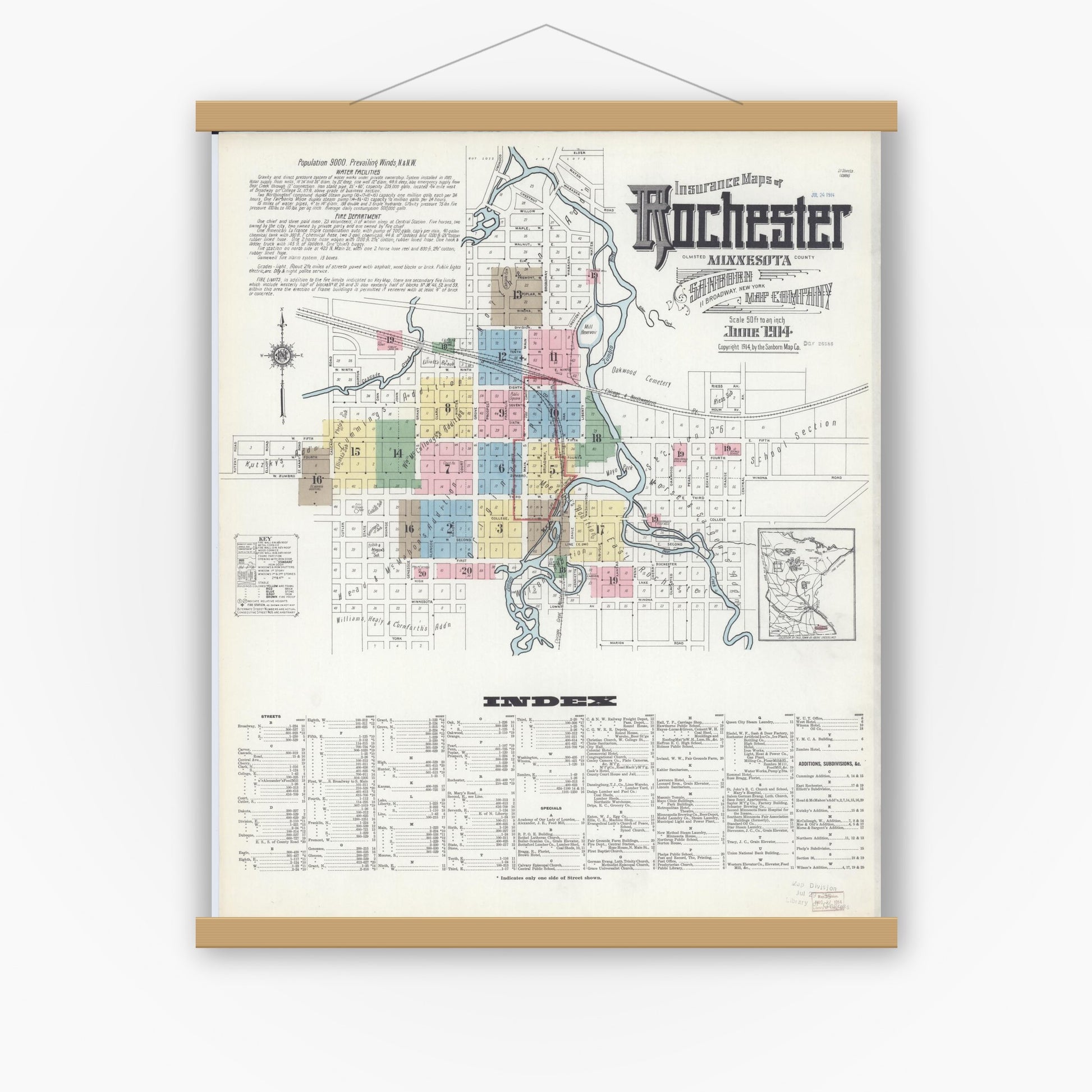 Old map wall art mockup — magnetic wood frame on white wall — Sanborn Fire Insurance Map from Rochester, Olmsted County, Minnesota (1914), Sheet #0001