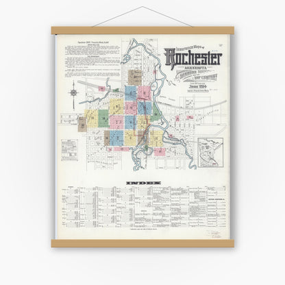 Old map wall art mockup — magnetic wood frame on white wall — Sanborn Fire Insurance Map from Rochester, Olmsted County, Minnesota (1914), Sheet #0001