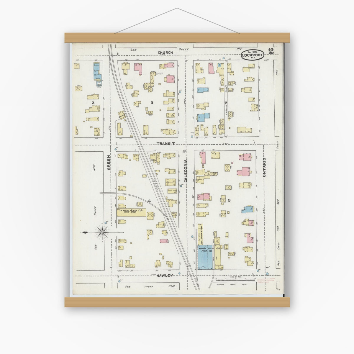 Old map wall art mockup — magnetic wood frame on white wall — Sanborn Fire Insurance Map from Lockport, Niagara County, New York (1892), Sheet #0002