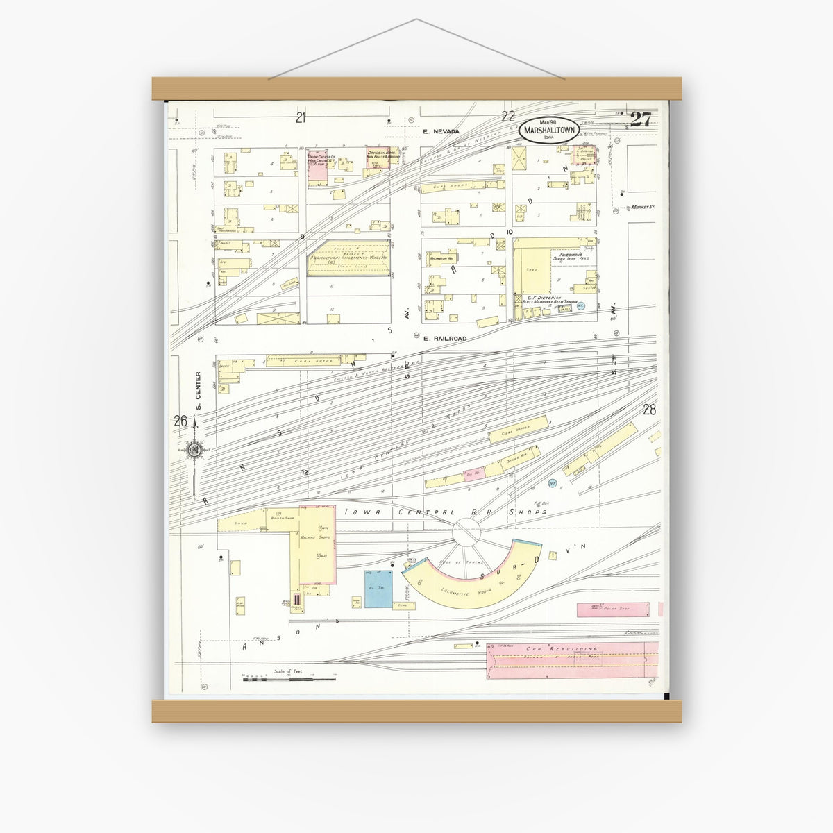 Old map wall art mockup — magnetic wood frame on white wall — Sanborn Fire Insurance Map from Marshalltown, Marshall County, Iowa (1910), Sheet #0027