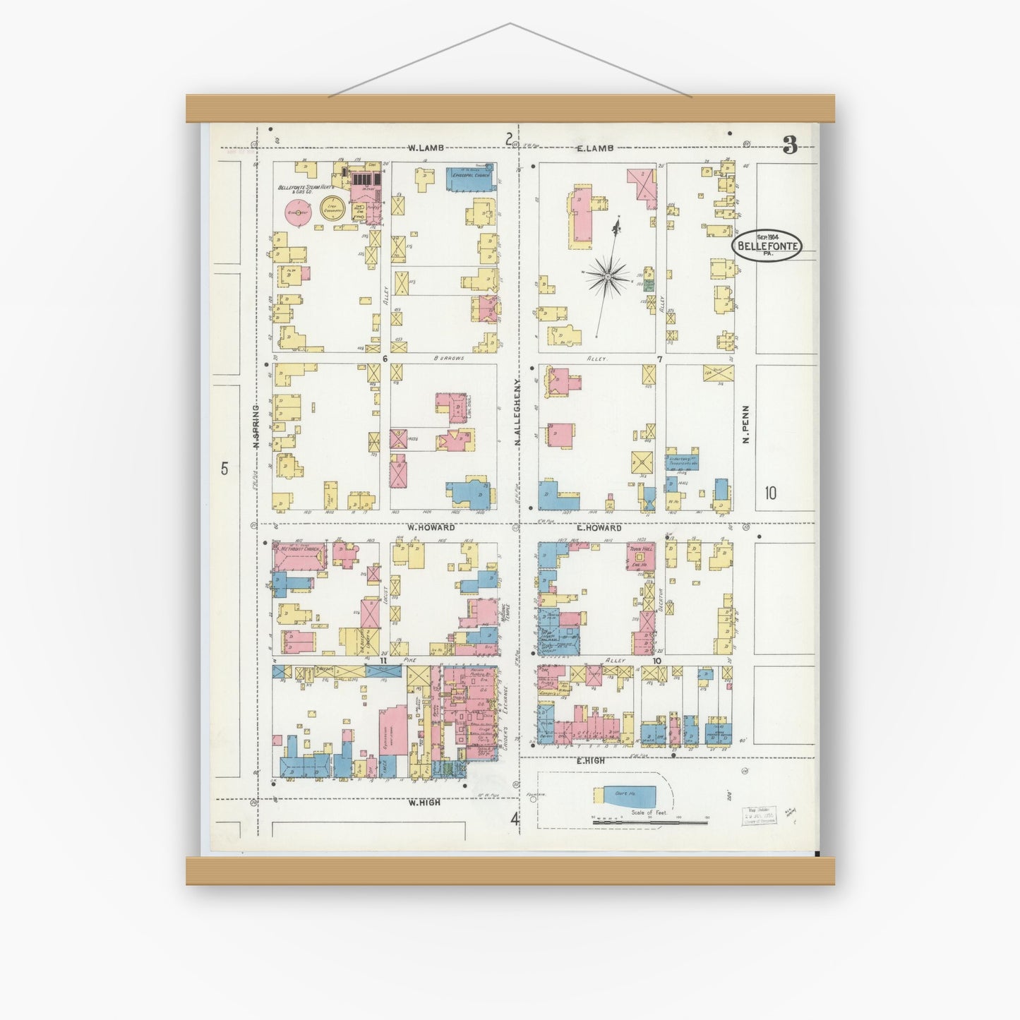 Old map wall art mockup — magnetic wood frame on white wall — Sanborn Fire Insurance Map from Bellefonte, Centre County, Pennsylvania (1904), Sheet #0003