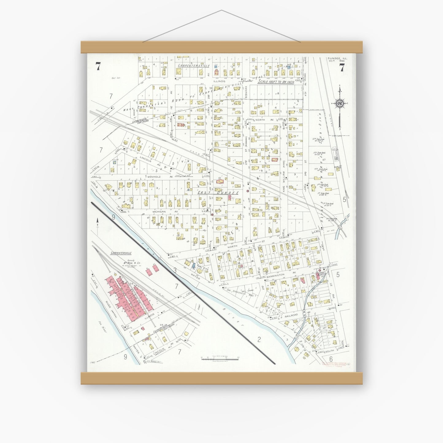 Old map wall art mockup — magnetic wood frame on white wall — Sanborn Fire Insurance Map from Dundee, Kane County, Illinois (1933), Sheet #0007