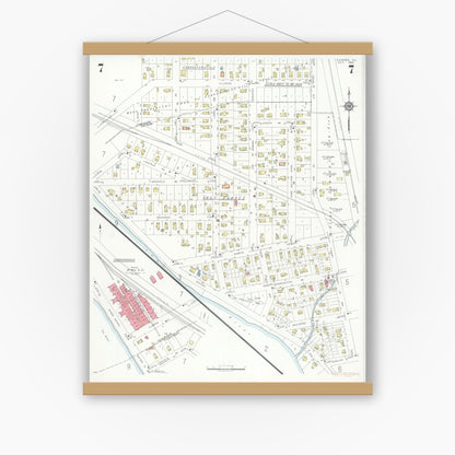 Old map wall art mockup — magnetic wood frame on white wall — Sanborn Fire Insurance Map from Dundee, Kane County, Illinois (1933), Sheet #0007