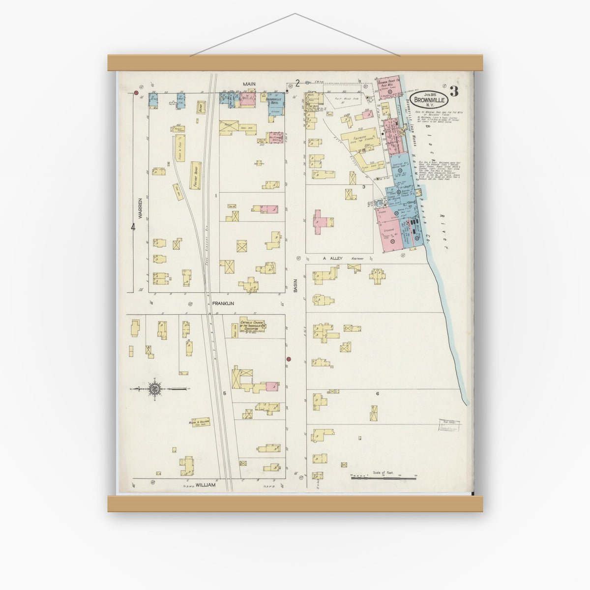 Old map wall art mockup — magnetic wood frame on white wall — Sanborn Fire Insurance Map from Brownville, Jefferson County, New York (1915), Sheet #0003