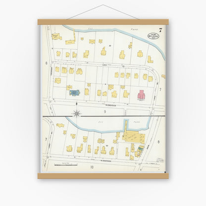 Old map wall art mockup — magnetic wood frame on white wall — Sanborn Fire Insurance Map from Melrose, Middlesex County, Massachusetts (1903), Sheet #0007