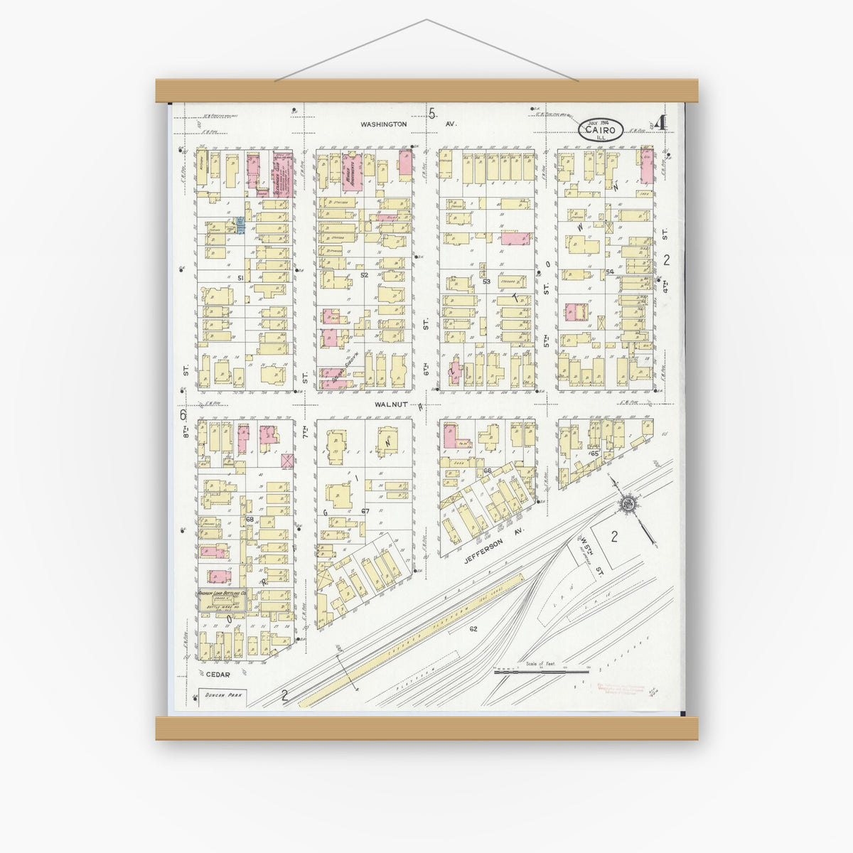 Old map wall art mockup — magnetic wood frame on white wall — Sanborn Fire Insurance Map from Cairo, Alexander County, Illinois (1914), Sheet #0004