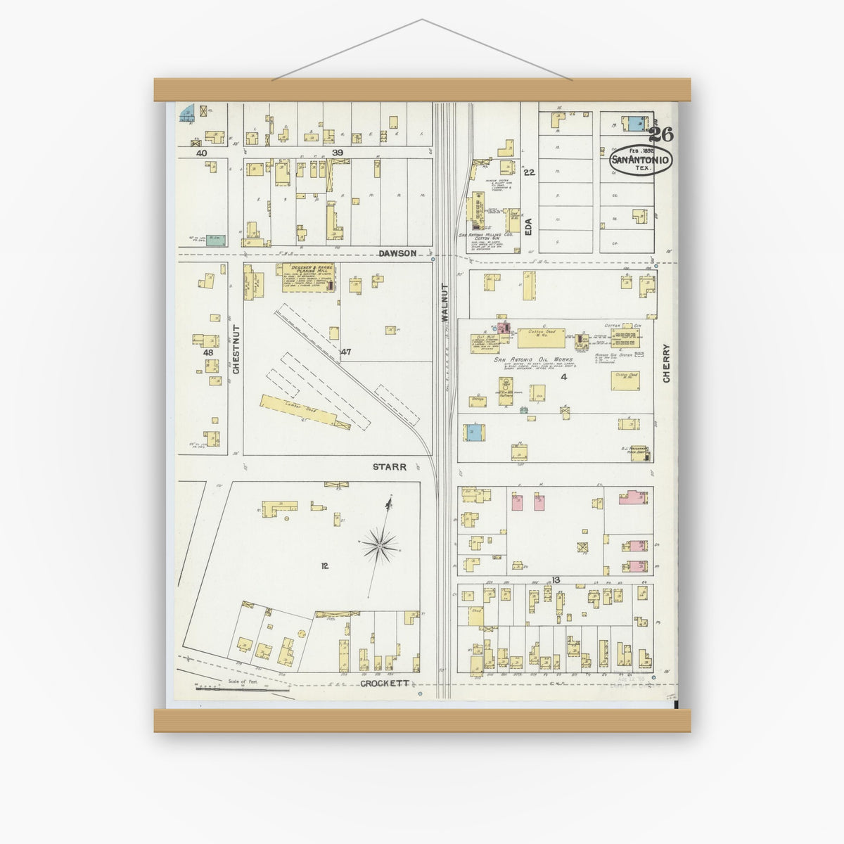 Old map wall art mockup — magnetic wood frame on white wall — Sanborn Fire Insurance Map from San Antonio, Bexar County, Texas (1892), Sheet #0026