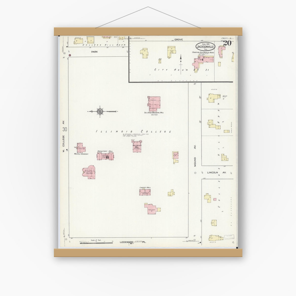 Old map wall art mockup — magnetic wood frame on white wall — Sanborn Fire Insurance Map from Jacksonville, Morgan County, Illinois (1914), Sheet #0020