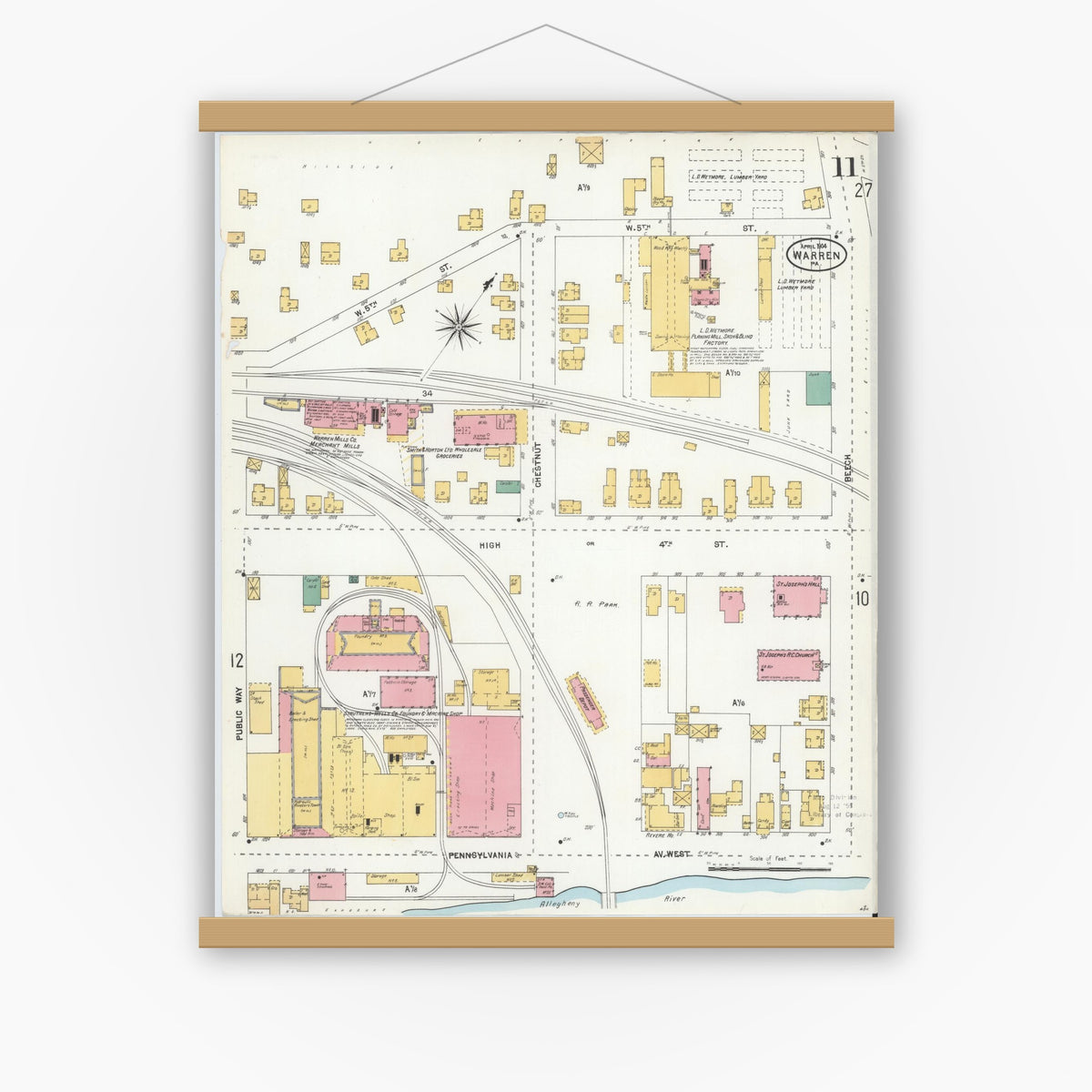 Old map wall art mockup — magnetic wood frame on white wall — Sanborn Fire Insurance Map from Warren, Warren County, Pennsylvania (1904), Sheet #0011