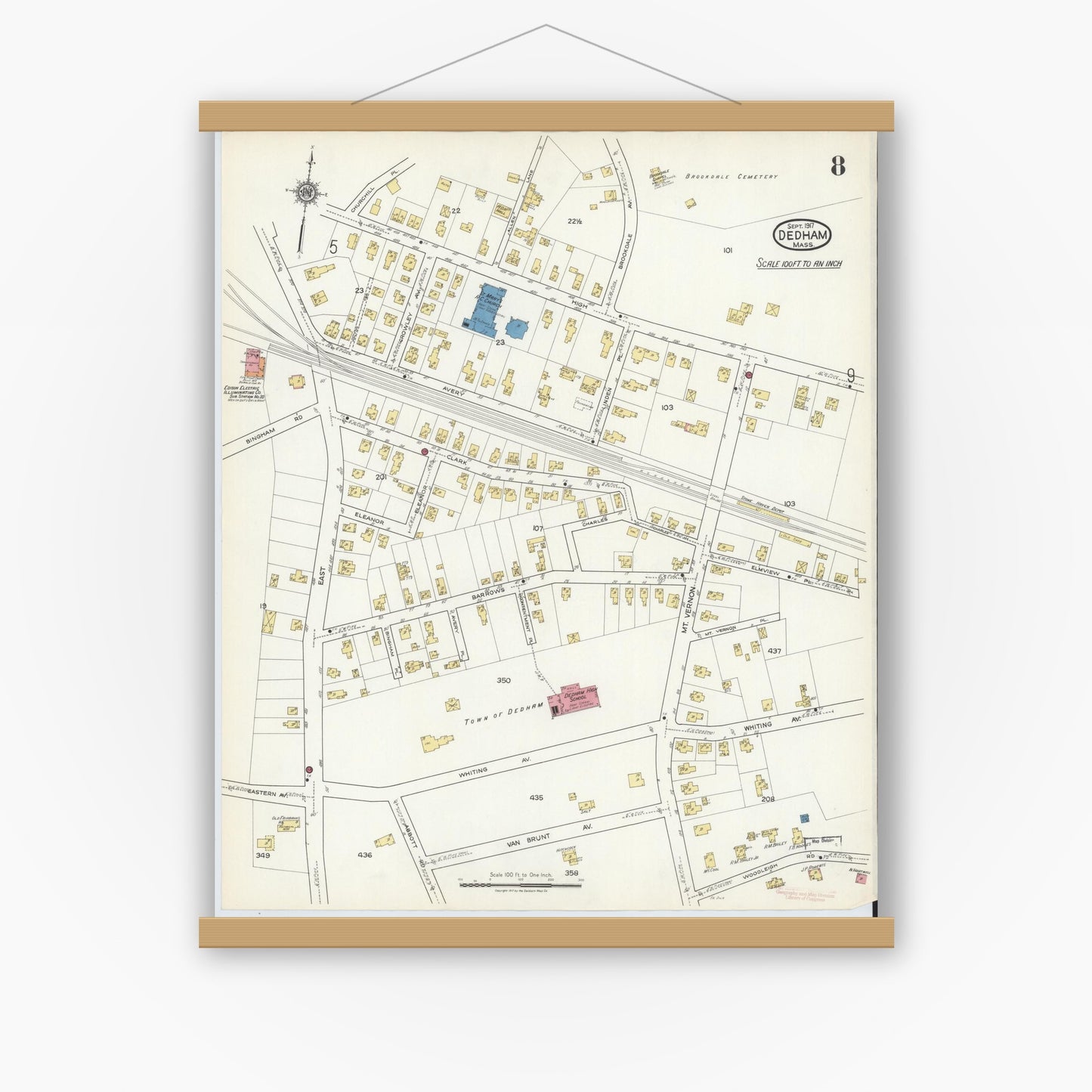 Old map wall art mockup — magnetic wood frame on white wall — Sanborn Fire Insurance Map from Dedham, Norfolk County, Massachusetts (1917), Sheet #0008