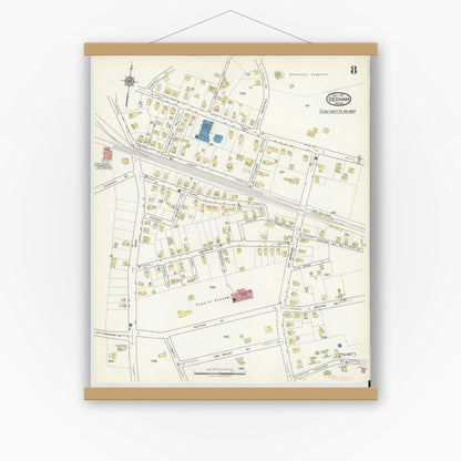 Old map wall art mockup — magnetic wood frame on white wall — Sanborn Fire Insurance Map from Dedham, Norfolk County, Massachusetts (1917), Sheet #0008
