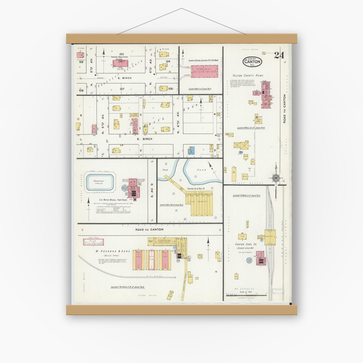 Old map wall art mockup — magnetic wood frame on white wall — Sanborn Fire Insurance Map from Canton, Fulton County, Illinois (1917), Sheet #0024