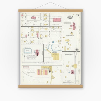 Old map wall art mockup — magnetic wood frame on white wall — Sanborn Fire Insurance Map from Canton, Fulton County, Illinois (1917), Sheet #0024
