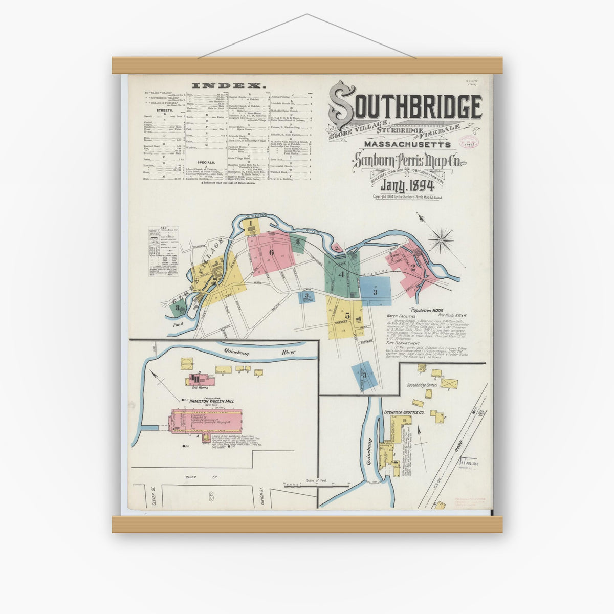 Old map wall art mockup — magnetic wood frame on white wall — Sanborn Fire Insurance Map from Southbridge, Worcester County, Massachusetts (1894) - Complete Map Set