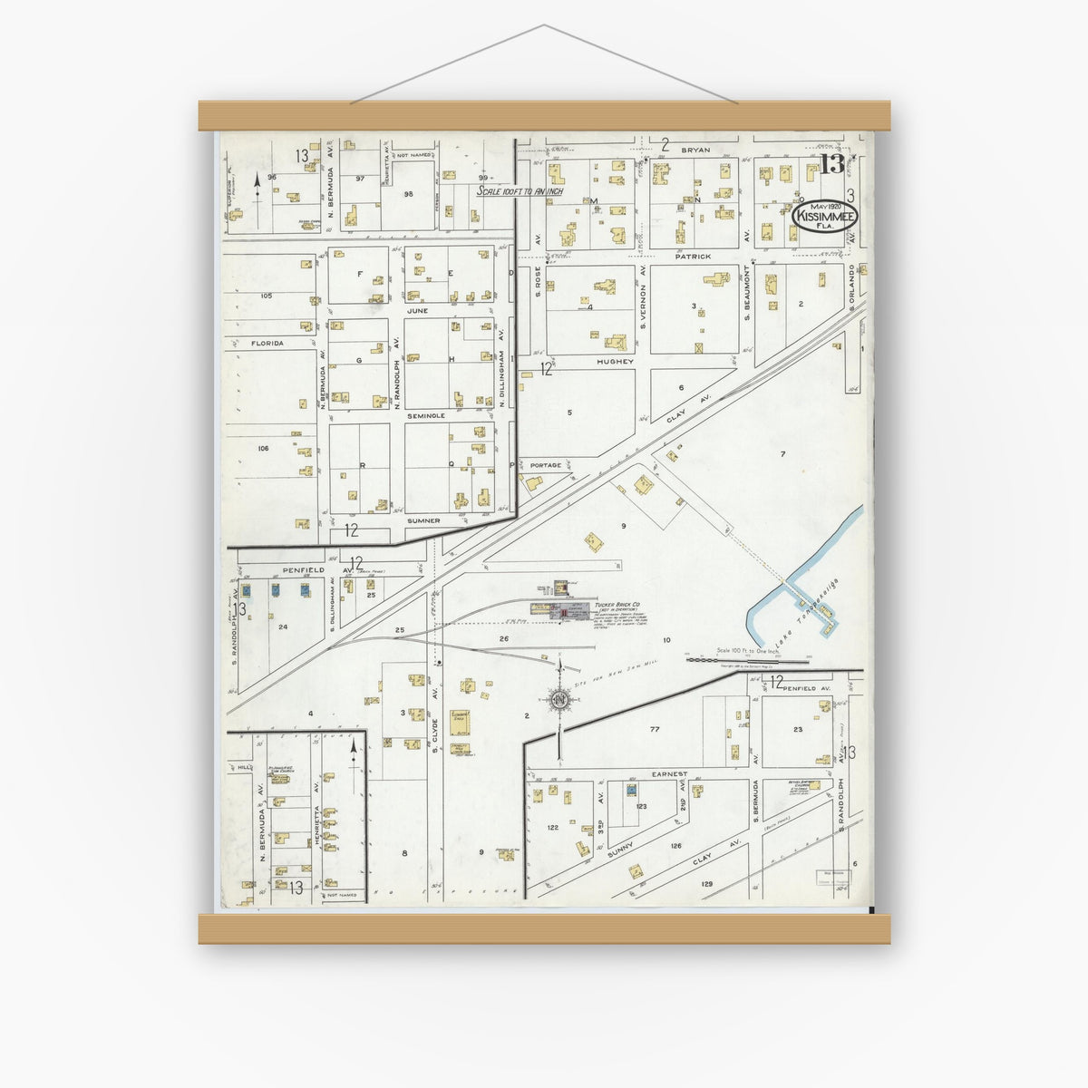 Old map wall art mockup — magnetic wood frame on white wall — Sanborn Fire Insurance Map from Kissimmee, Osceola County, Florida (1920), Sheet #0013