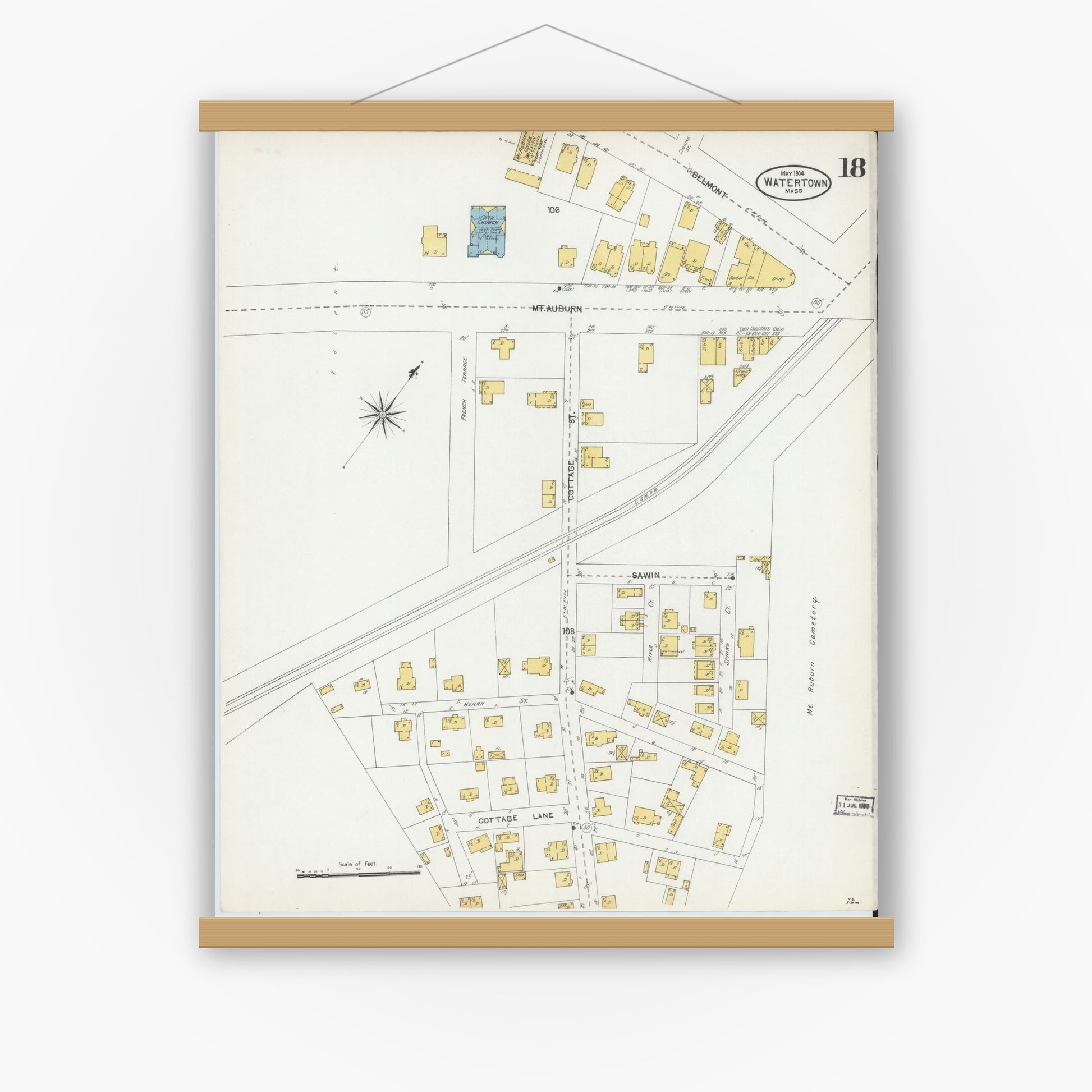 Old map wall art mockup — magnetic wood frame on white wall — Sanborn Fire Insurance Map from Watertown, Middlesex County, Massachusetts (1904), Sheet #0018