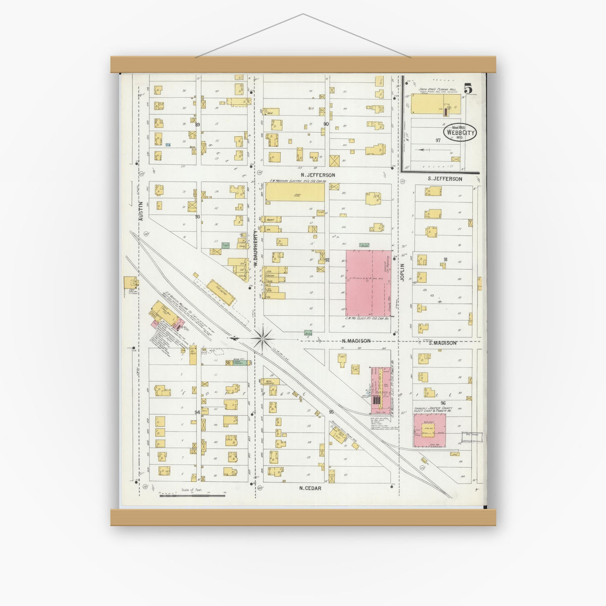 Old map wall art mockup — magnetic wood frame on white wall — Sanborn Fire Insurance Map from Webb City, Jasper County, Missouri (1900), Sheet #0005