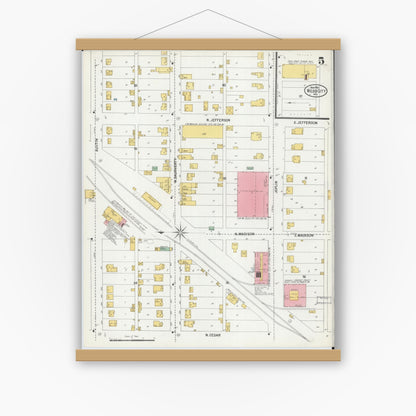 Old map wall art mockup — magnetic wood frame on white wall — Sanborn Fire Insurance Map from Webb City, Jasper County, Missouri (1900), Sheet #0005