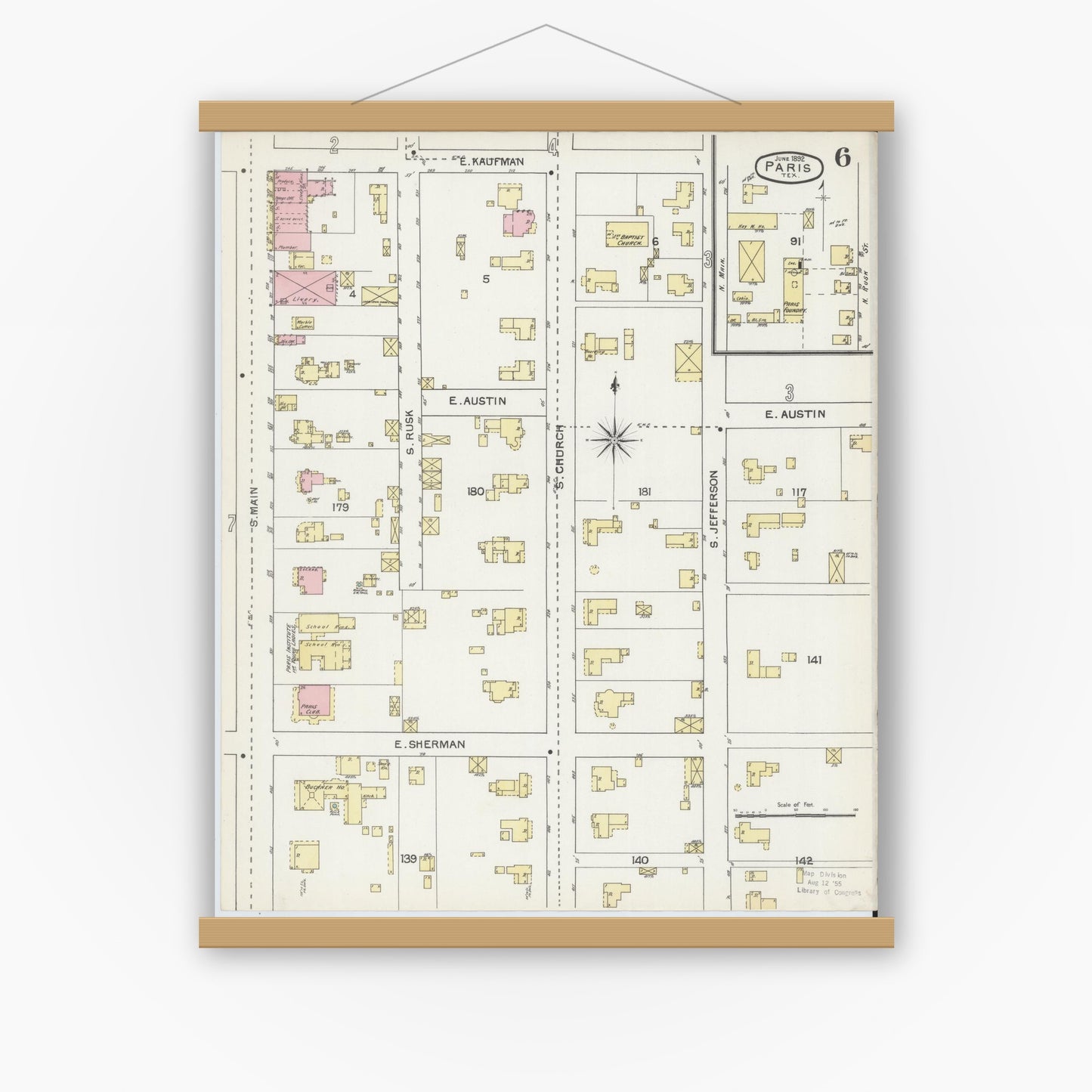Old map wall art mockup — magnetic wood frame on white wall — Sanborn Fire Insurance Map from Paris, Lamar County, Texas (1892), Sheet #0006