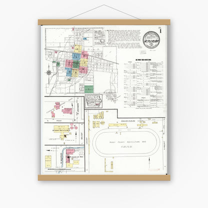 Old map wall art mockup — magnetic wood frame on white wall — Sanborn Fire Insurance Map from Mount Pleasant, Henry County, Iowa (1920) â€” Complete Set
