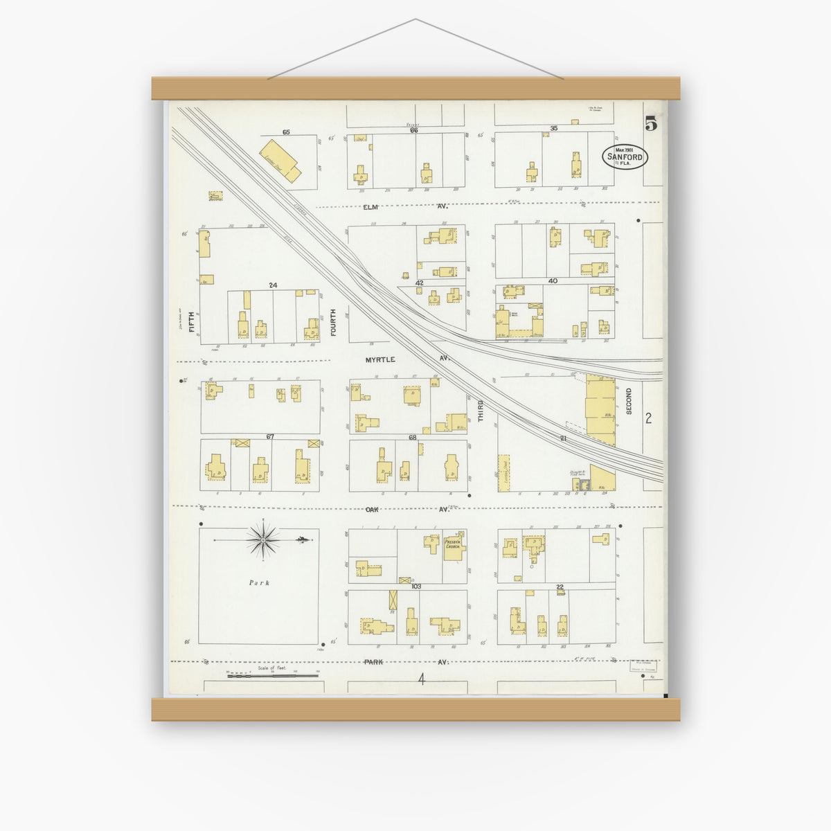 Old map wall art mockup — magnetic wood frame on white wall — Sanborn Fire Insurance Map from Sanford, Seminole County, Florida (1901), Sheet #0005
