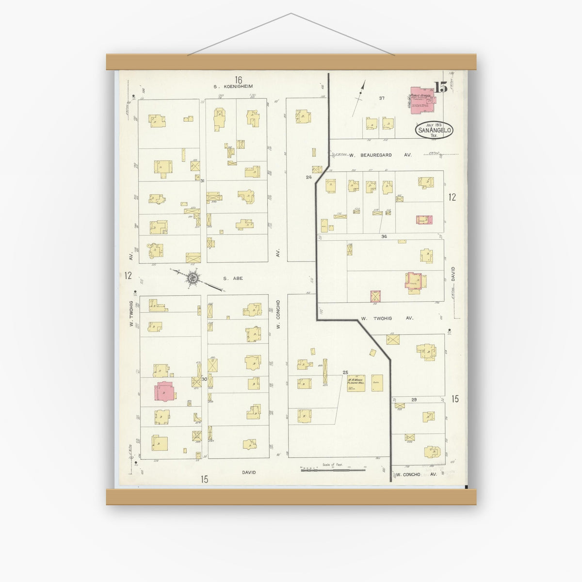 Old map wall art mockup — magnetic wood frame on white wall — Sanborn Fire Insurance Map from San Angelo, Tom Green County, Texas (1913), Sheet #0015