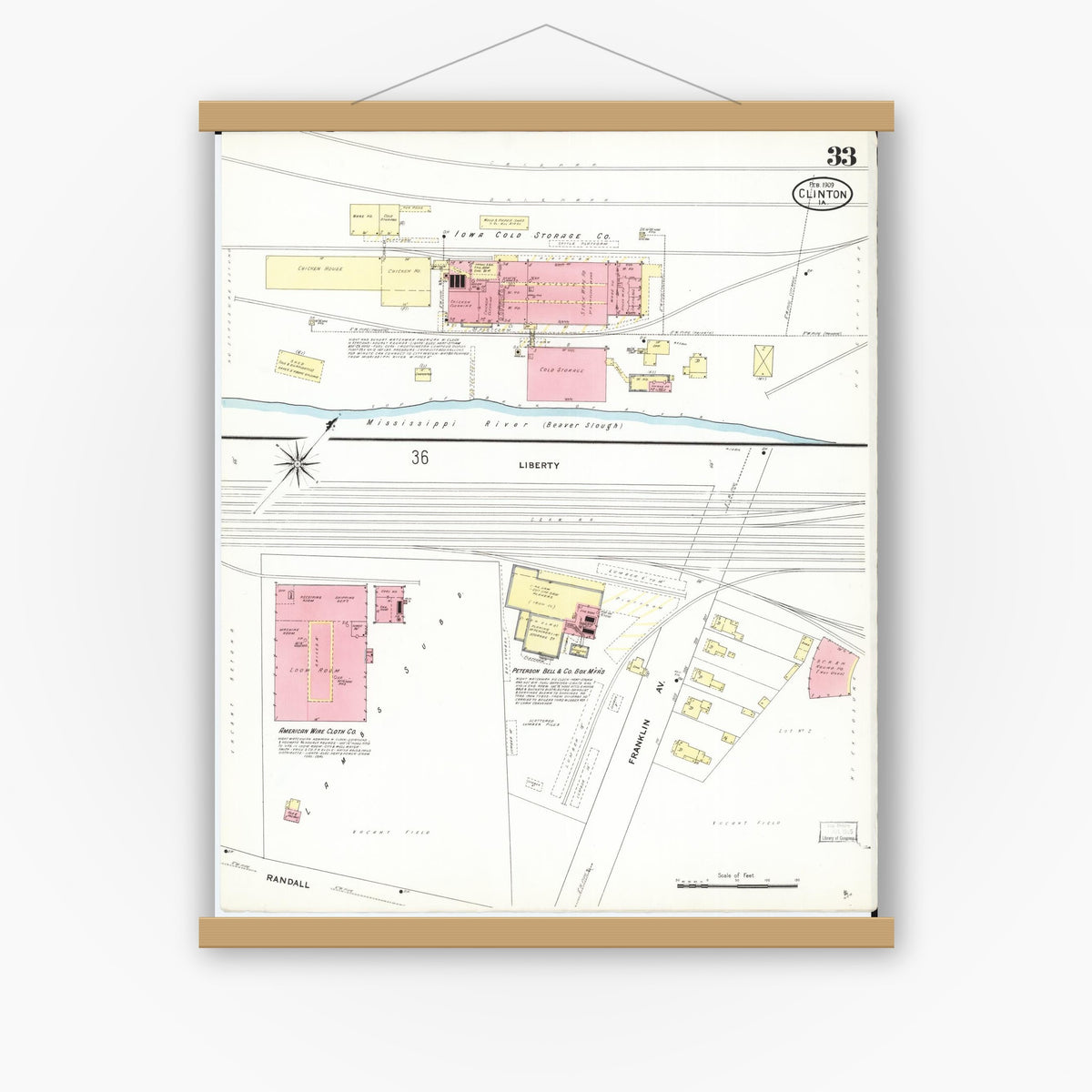 Old map wall art mockup — magnetic wood frame on white wall — Sanborn Fire Insurance Map from Clinton, Clinton County, Iowa (1909), Sheet #0033