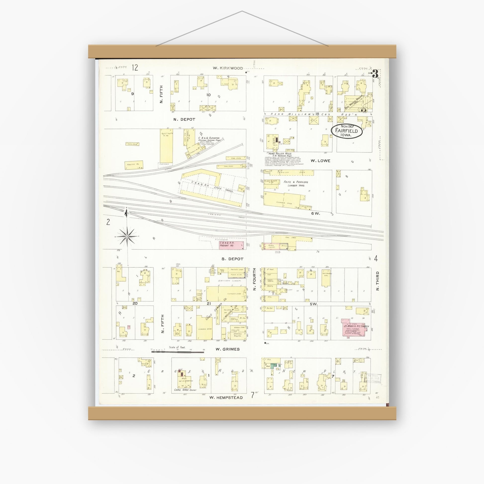 Old map wall art mockup — magnetic wood frame on white wall — Sanborn Fire Insurance Map from Fairfield, Jefferson County, Iowa (1907), Sheet #0003