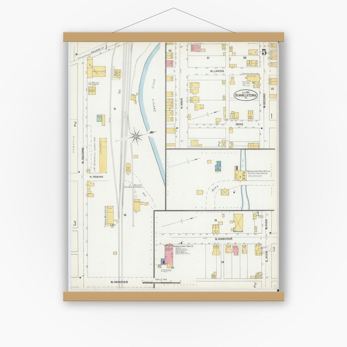 Old map wall art mockup — magnetic wood frame on white wall — Sanborn Fire Insurance Map from Hummelstown, Dauphin County, Pennsylvania (1902), Sheet #0005