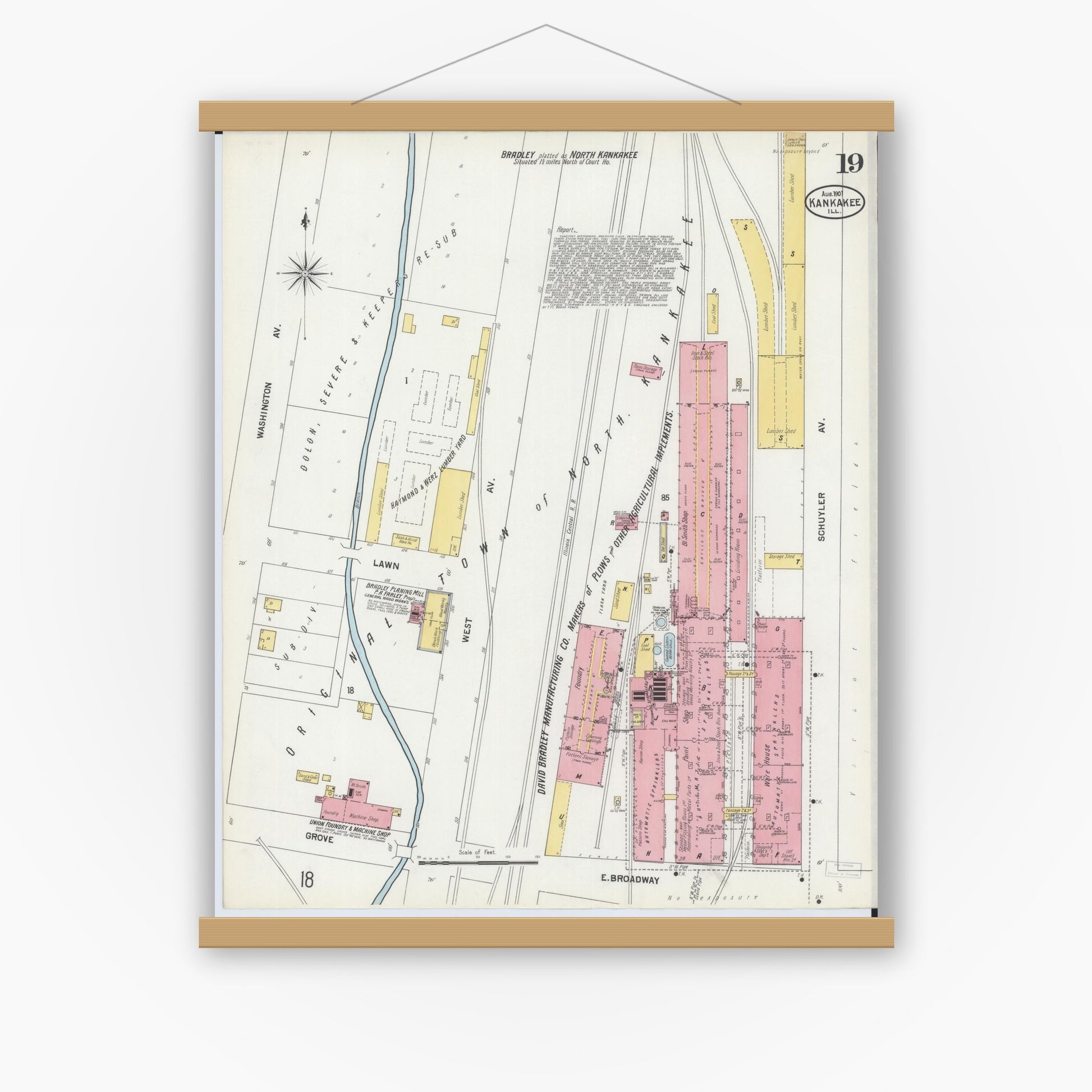 Old map wall art mockup — magnetic wood frame on white wall — Sanborn Fire Insurance Map from Kankakee, Kankakee County, Illinois (1901), Sheet #0019