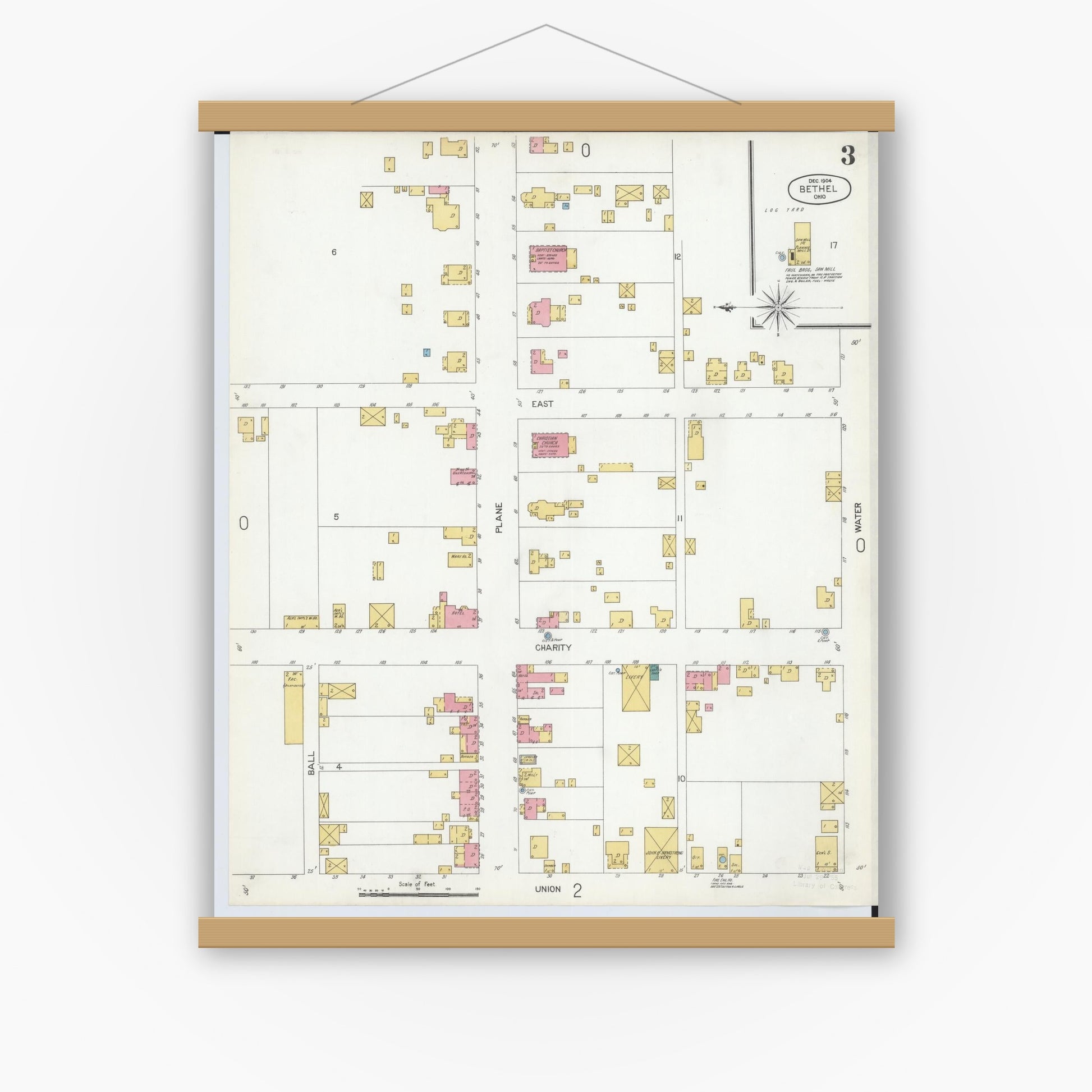Old map wall art mockup — magnetic wood frame on white wall — Sanborn Fire Insurance Map from Bethel, Clermont County, Ohio (1904), Sheet #0003