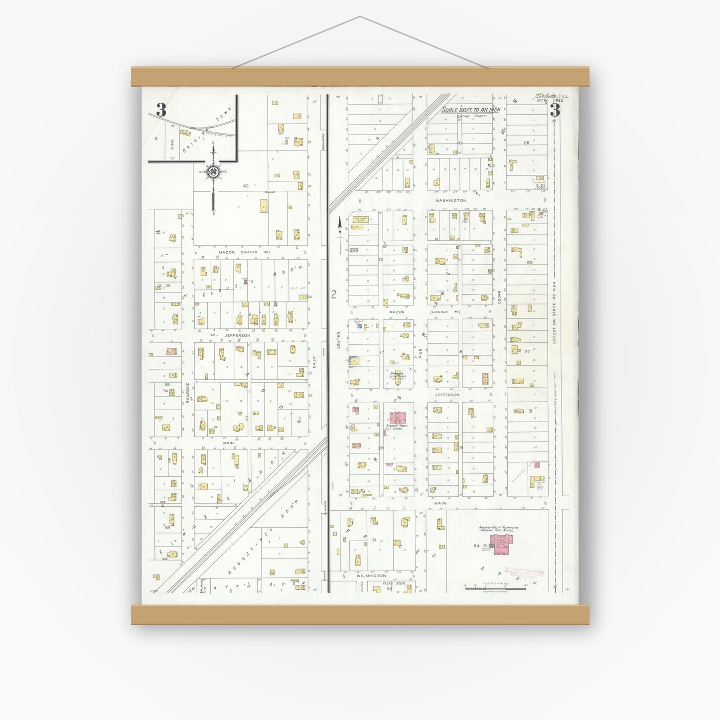 Old map wall art mockup — magnetic wood frame on white wall — Sanborn Fire Insurance Map from Gardner, Grundy County, Illinois (1932), Sheet #0003