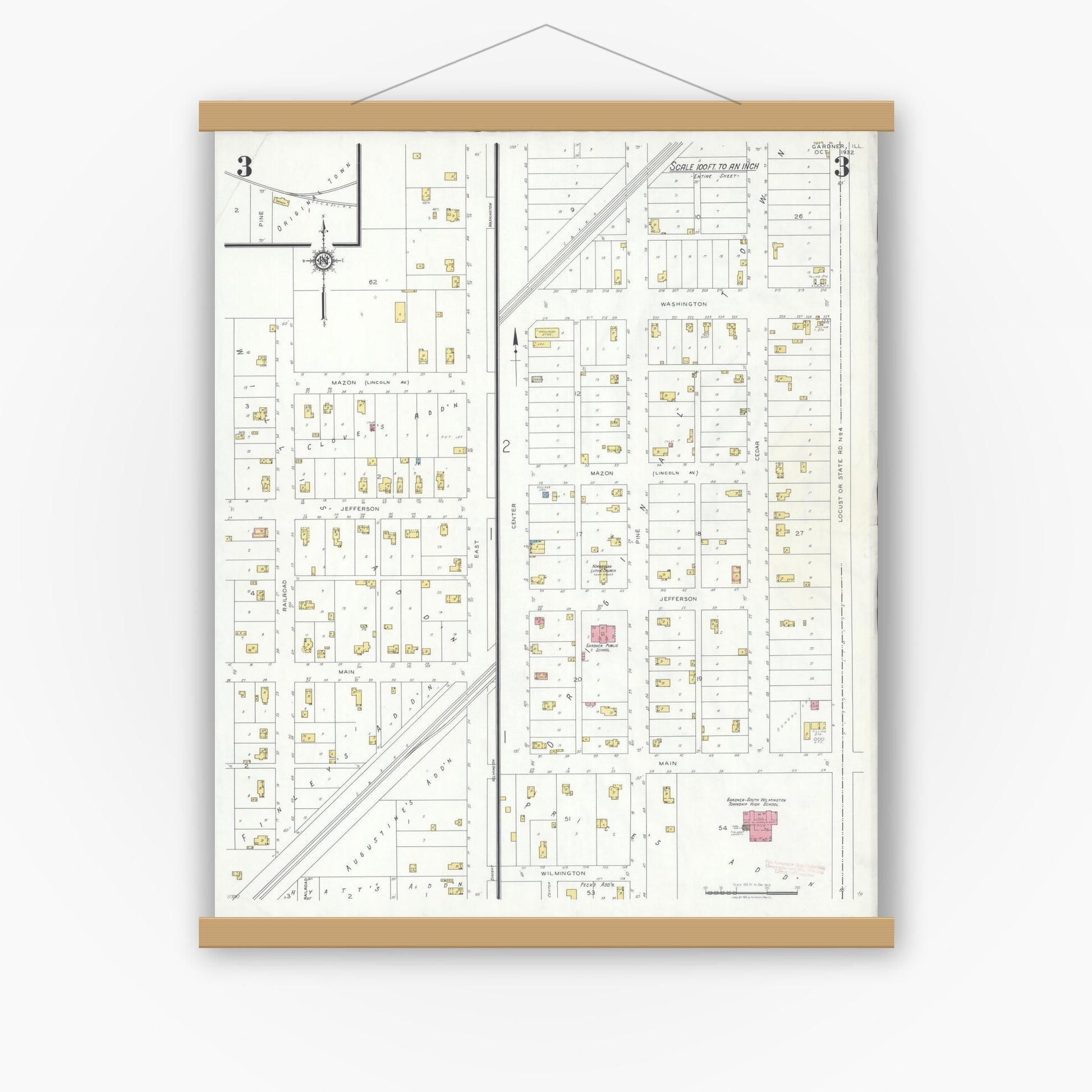 Old map wall art mockup — magnetic wood frame on white wall — Sanborn Fire Insurance Map from Gardner, Grundy County, Illinois (1932), Sheet #0003