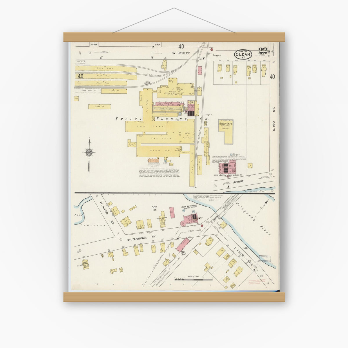 Old map wall art mockup — magnetic wood frame on white wall — Sanborn Fire Insurance Map from Olean, Cattaraugus County, New York (1915), Sheet #0022