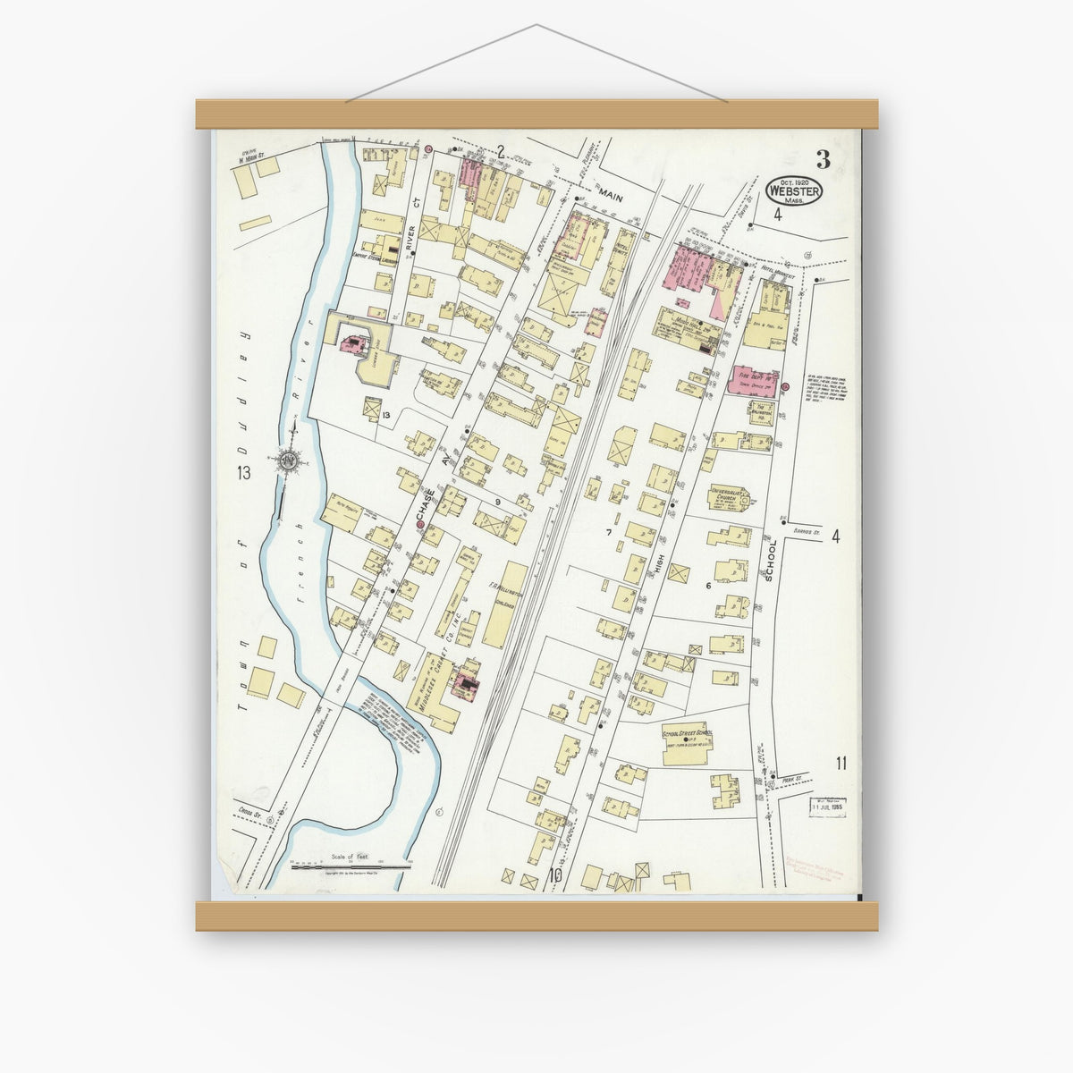 Old map wall art mockup — magnetic wood frame on white wall — Sanborn Fire Insurance Map from Webster, Worcester County, Massachusetts (1920), Sheet #0003