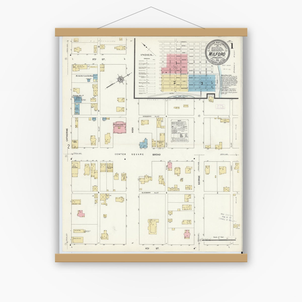Old map wall art mockup — magnetic wood frame on white wall — Sanborn Fire Insurance Map from Milford, Pike County, Pennsylvania (1912), Sheet #0001