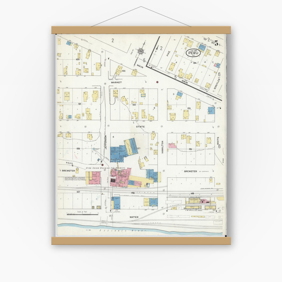 Old map wall art mockup — magnetic wood frame on white wall — Sanborn Fire Insurance Map from Peru, La Salle County, Illinois (1916), Sheet #0005