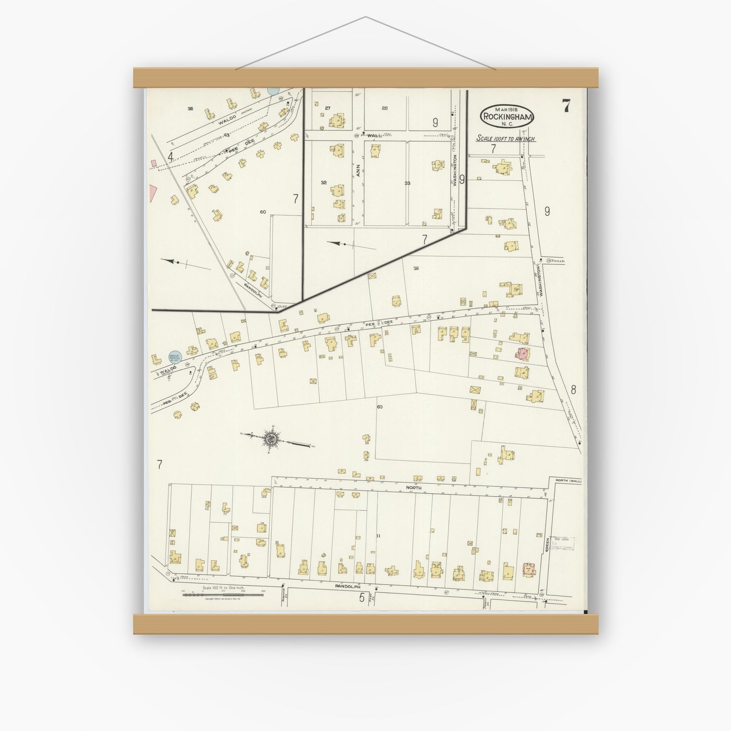 Old map wall art mockup — magnetic wood frame on white wall — Sanborn Fire Insurance Map from Rockingham, Richmond County, North Carolina (1918), Sheet #0007