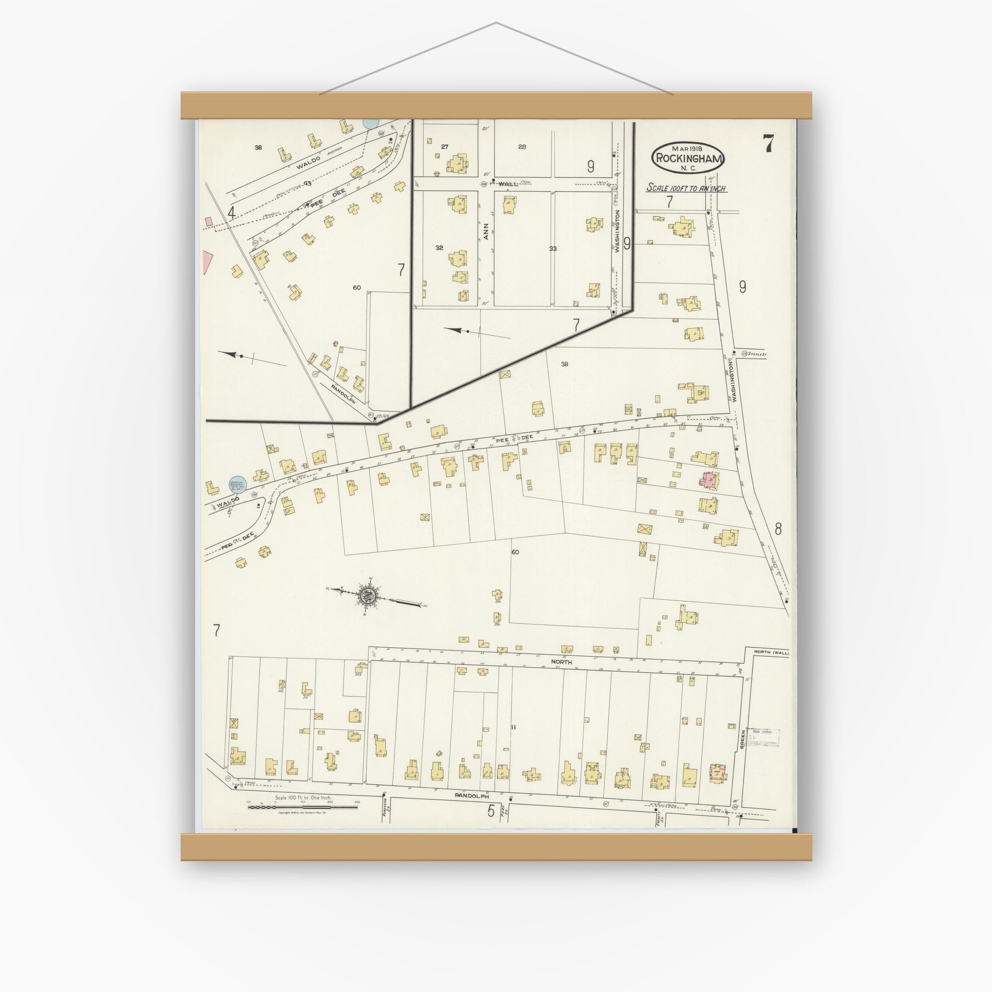 Old map wall art mockup — magnetic wood frame on white wall — Sanborn Fire Insurance Map from Rockingham, Richmond County, North Carolina (1918), Sheet #0007
