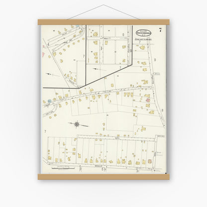 Old map wall art mockup — magnetic wood frame on white wall — Sanborn Fire Insurance Map from Rockingham, Richmond County, North Carolina (1918), Sheet #0007