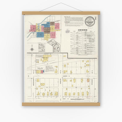 Old map wall art mockup — magnetic wood frame on white wall — Sanborn Fire Insurance Map from Fremont, Newaygo County, Michigan (1921), Sheet #0001