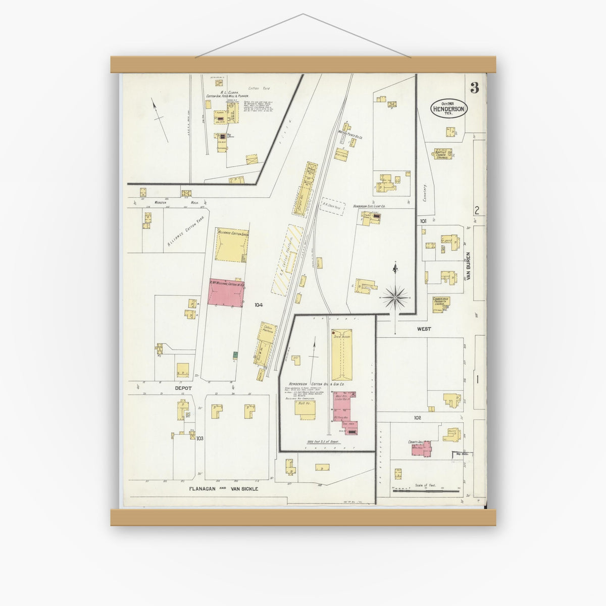 Old map wall art mockup — magnetic wood frame on white wall — Sanborn Fire Insurance Map from Henderson, Rusk County, Texas (1901), Sheet #0003