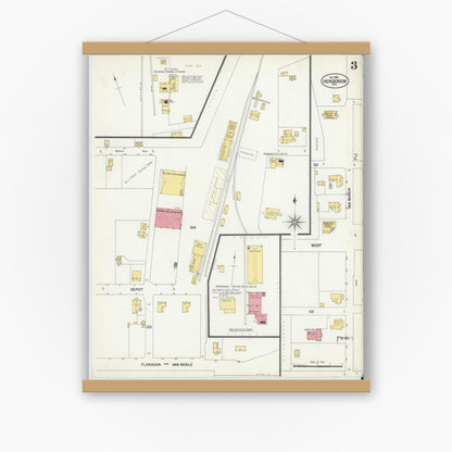Old map wall art mockup — magnetic wood frame on white wall — Sanborn Fire Insurance Map from Henderson, Rusk County, Texas (1901), Sheet #0003