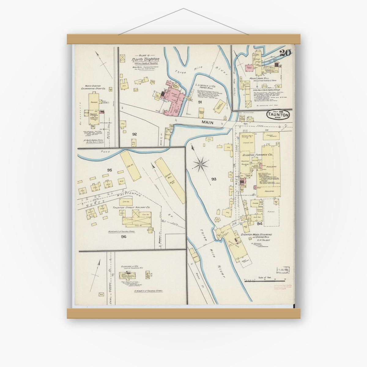 Old map wall art mockup — magnetic wood frame on white wall — Sanborn Fire Insurance Map from Taunton, Bristol County, Massachusetts (1888), Sheet #0020