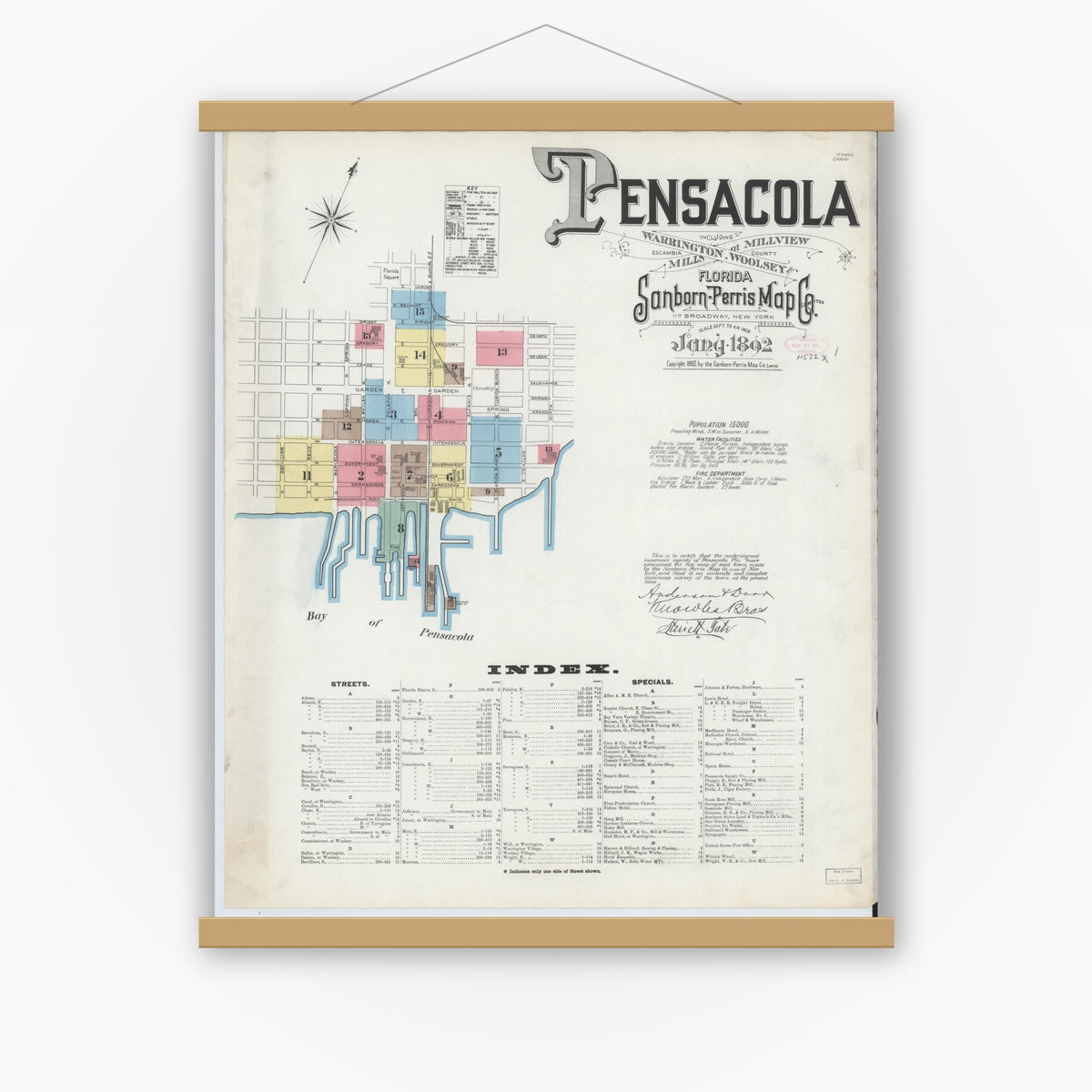 Old map wall art mockup — magnetic wood frame on white wall — Sanborn Fire Insurance Map from Pensacola, Escambia County, Florida (1892), Sheet #0001