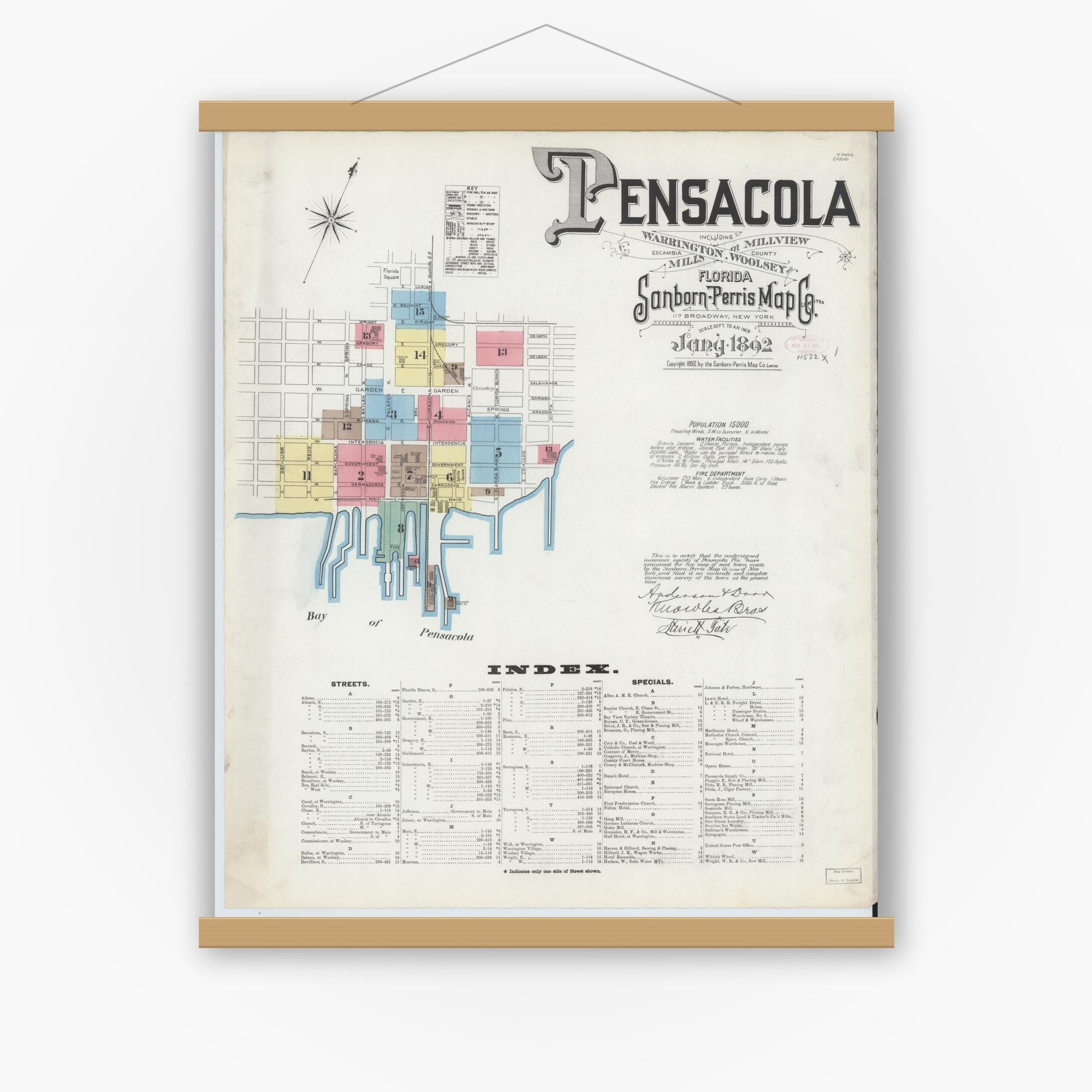 Old map wall art mockup — magnetic wood frame on white wall — Sanborn Fire Insurance Map from Pensacola, Escambia County, Florida (1892), Sheet #0001
