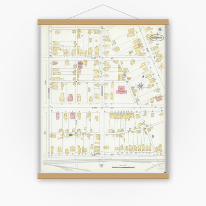 Old map wall art mockup — magnetic wood frame on white wall — Sanborn Fire Insurance Map from Bloomsburg, Columbia County, Pennsylvania (1901), Sheet #0006