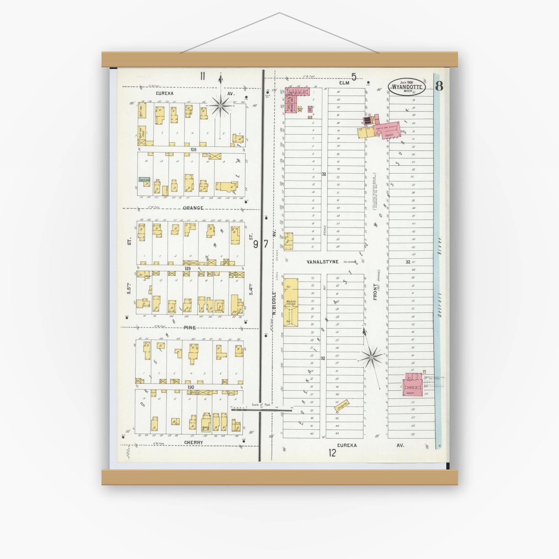 Old map wall art mockup — magnetic wood frame on white wall — Sanborn Fire Insurance Map from Wyandotte, Wayne County, Michigan (1900), Sheet #0008
