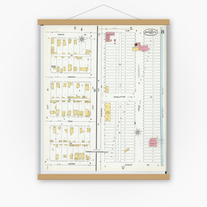 Old map wall art mockup — magnetic wood frame on white wall — Sanborn Fire Insurance Map from Wyandotte, Wayne County, Michigan (1900), Sheet #0008
